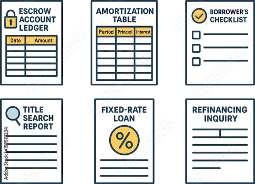 colo escrow account ledger amortization table print borrower's checklist title search report fied rate loan flyer refinancing inquiry form perfect colo vector style isolated