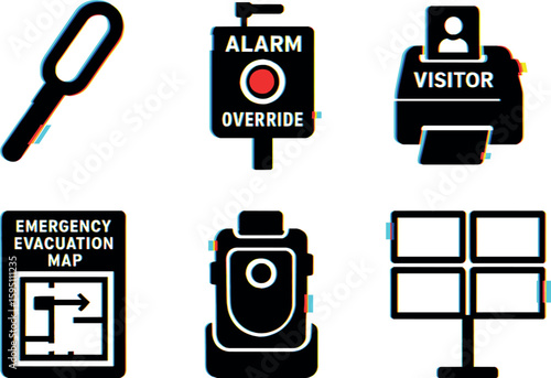 metal detector wand alarm override switch visitor badge printer emergency evacuation map body camera dock surveillance monitor wall isolated
