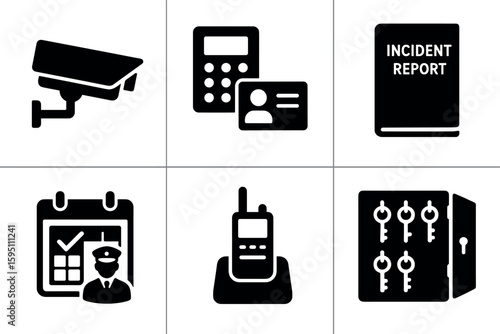solid icon CCTV control panel access card reader log incident report binder guard rotation schedule two way radio charger key control cabinet isolated
