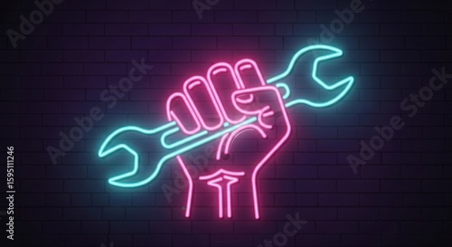 Neon Hand Holding Wrench Abstract Background