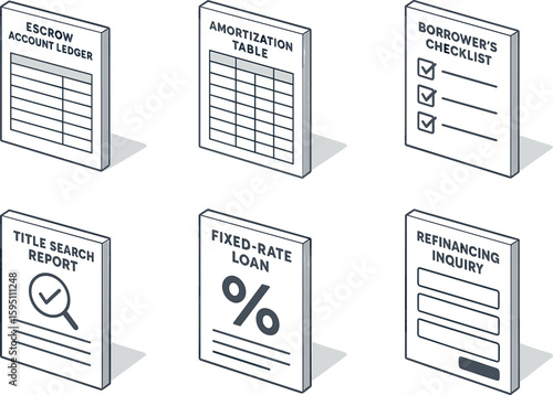 icon escrow account ledger amortization table print borrower's checklist title search report fied rate loan flyer refinancing inquiry form isolated