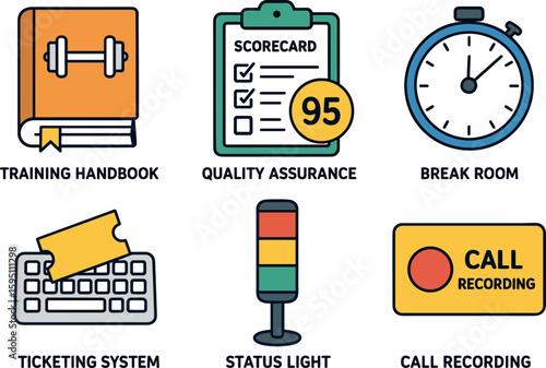 colo training handbook quality assurance scorecard break room timer ticketing system keyboard status indicator call recording notice perfect colo vector style isolated