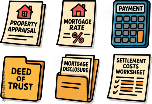 icons property appraisal file mortgage rate sheet payment calculator deed tst folder mortgage disclosure packet settlement cost worksheet style isolated