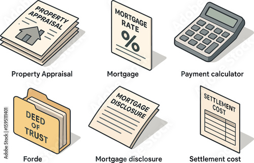 icon property appraisal file mortgage rate sheet payment calculator deed tst folder mortgage disclosure packet settlement cost worksheet isolated