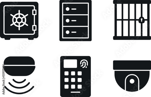 solid icon time lock door steel safety deposit boes cash storage cage motion sensor alarm biometric keypad surveillance camera dome isolated