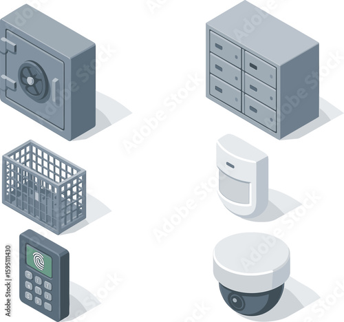 icon time lock door steel safety deposit boes cash storage cage motion sensor alarm biometric keypad surveillance camera dome isolated