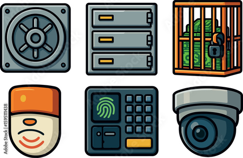 icons time lock door steel safety deposit boes cash storage cage motion sensor alarm biometric keypad surveillance camera dome style isolated
