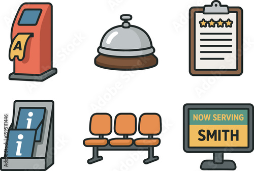 colo queuing ticket machine service counter bell feedback form clipboard information pamphlet rack waiting area chairs customer name display screen perfect colo vector style isolated