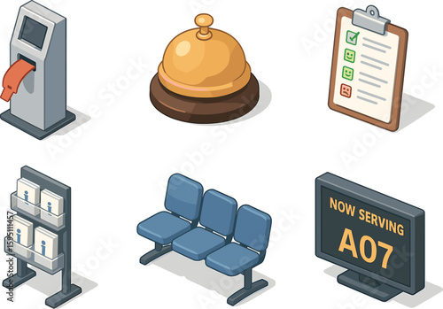 icon queuing ticket machine service counter bell feedback form clipboard information pamphlet rack waiting area chairs customer name display screen isolated