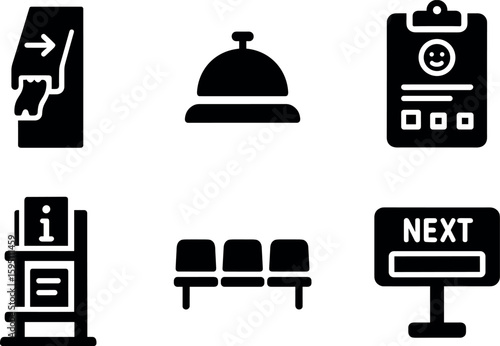 solid icon queuing ticket machine service counter bell feedback form clipboard information pamphlet rack waiting area chairs customer name display screen isolated