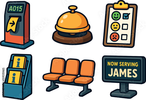 icons queuing ticket machine service counter bell feedback form clipboard information pamphlet rack waiting area chairs customer name display screen style isolated