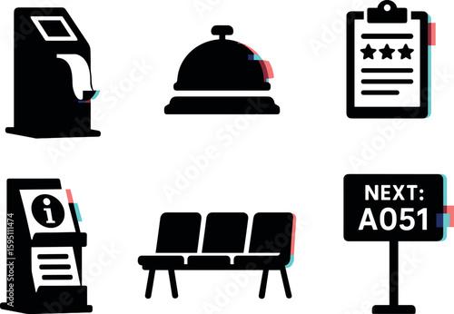 queuing ticket machine service counter bell feedback form clipboard information pamphlet rack waiting area chairs customer name display screen isolated