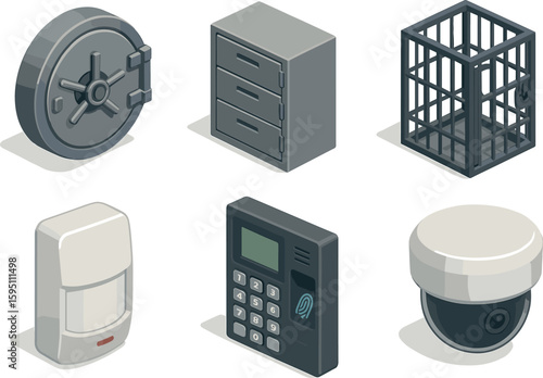 icon time lock door steel safety deposit boes cash storage cage motion sensor alarm biometric keypad surveillance camera dome isolated