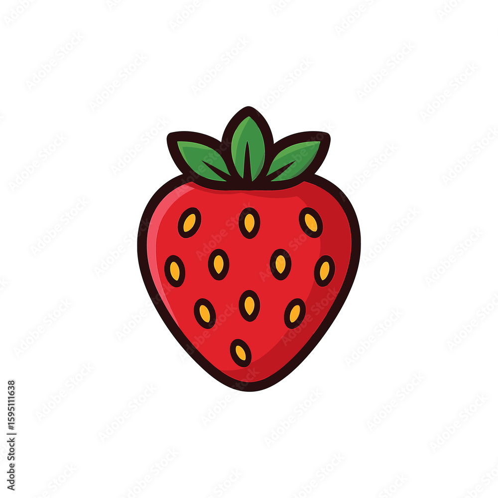 Obraz premium Flat Vector Red Strawberry with Seeds and Green Leaves on Transparent Background