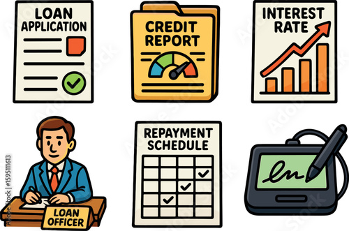icons loan application forms cit report file interest rate chart loan officer desk repayment schedule printout signature pad style isolated