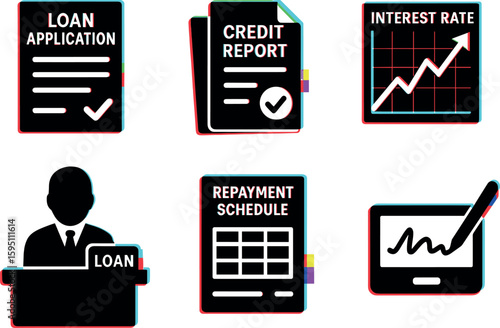 loan application forms cit report file interest rate chart loan officer desk repayment schedule printout signature pad isolated