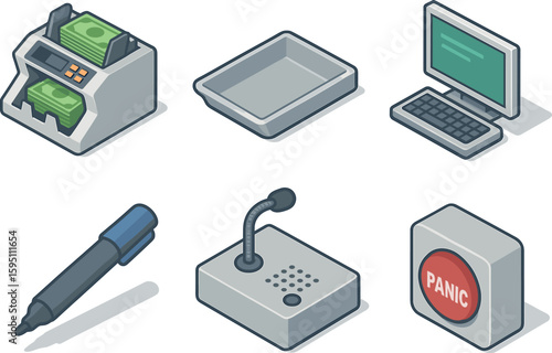 icon currency counting machine payout tray teller PC terminal counterfeit detector pen microphone speaker panel panic alarm button isolated