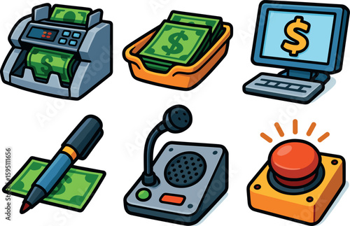 icons currency counting machine payout tray teller PC terminal counterfeit detector pen microphone speaker panel panic alarm button style isolated