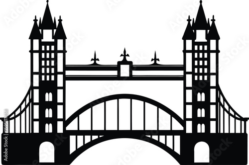 London bridge silhouette, tower bridge vector, city landmark icon, black architecture illustration