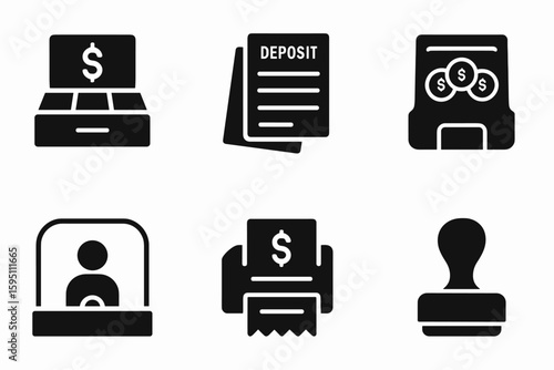 solid icon cash drawer deposit slip stack coin sorter teller window glass transaction receipt printer endorsement stamp isolated