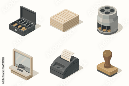 icon cash drawer deposit slip stack coin sorter teller window glass transaction receipt printer endorsement stamp isolated