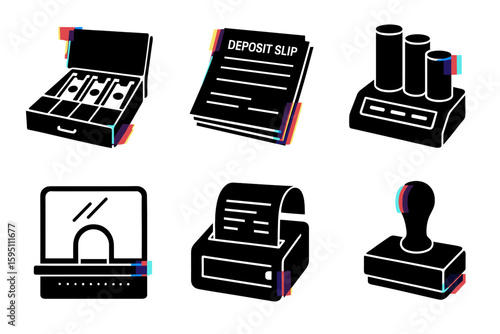 cash drawer deposit slip stack coin sorter teller window glass transaction receipt printer endorsement stamp isolated