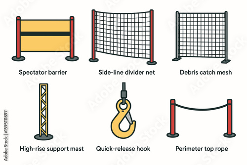 colo spectator barrier screen side divider net debris catch mesh high rise support mast quick release hook perimeter top rope perfect colo vector style isolated