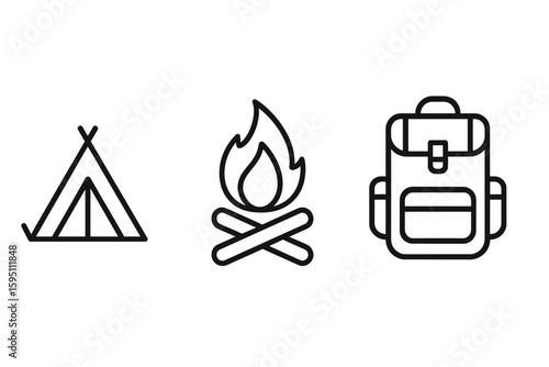 Out icon : tent campfire backpack perfect icons style isolated transparent