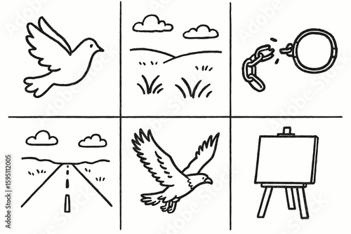 hand drawn cute doodle style isolated dove open field unchained shackle open road soaring eagle blank canvas