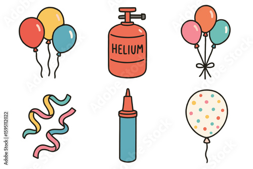 hand drawn cute doodle style isolated late balloons helium tank balloon bouquet colorful ribbon balloon pump confetti balloon
