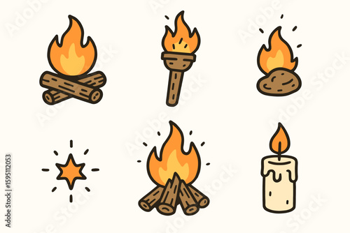 hand drawn cute doodle style isolated fire (elements): campfire torch ember spark bonfire candle
