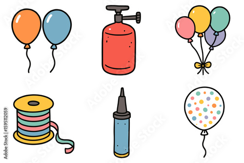 hand drawn cute doodle style isolated balloons (supplies): late balloons helium tank balloon bouquet colorful ribbon balloon pump confetti balloon