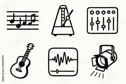 hand drawn cute doodle style isolated musical score metronome tick miing console acoustic guitar vocal track stage spot