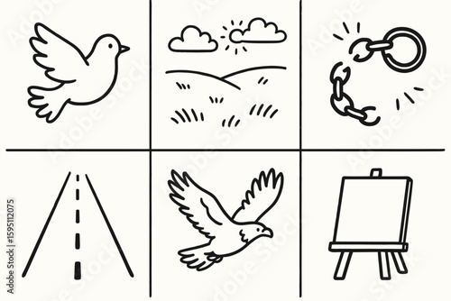 hand drawn cute doodle style isolated freedom (symbols): dove open field unchained shackle open road soaring eagle blank canvas