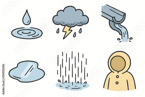 hand drawn cute doodle style isolated raindrop ripple storm cloud rain gutter puddle reflection downpour torrent raincoat hood