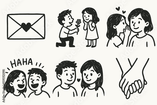 hand drawn cute doodle style isolated love letter romantic gesture whispe vow sha laughter stolen glance intertwined fingers