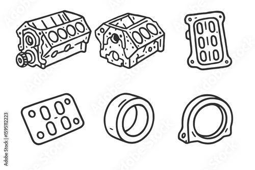 hand drawn cute doodle style isolated V8 crate block forged crank V8 crate block block casting V8 crate block lifter valley V8 crate block pushrod guide V8 crate block cam bearing V8 crate