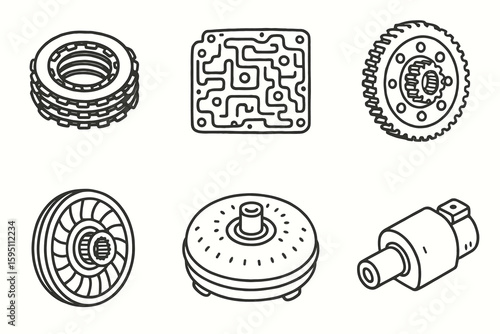 hand drawn cute doodle style isolated 8 speed automatic clutch pack 8 speed automatic valve body 8 speed automatic planetary gear 8 speed automatic stator 8 speed automatic torque converter