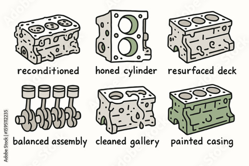 hand drawn cute doodle style isolated remanufactu engine unit reconditioned head remanufactu engine unit honed cylinder remanufactu engine unit resurfaced deck remanufactu engine unit