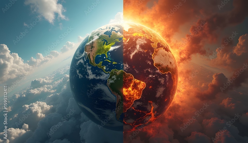 Naklejka premium Earth Split Between a Healthy Environment and Global Warming