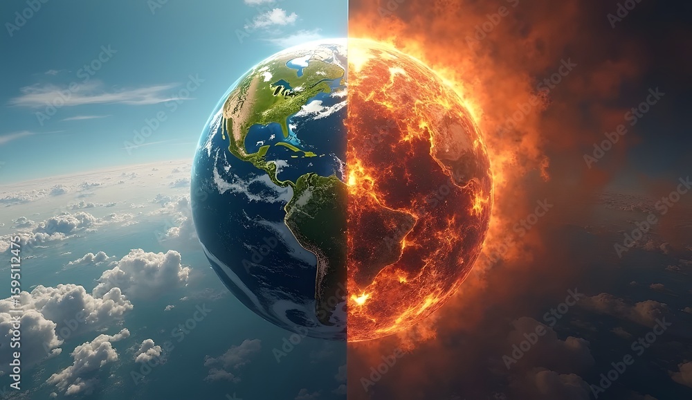 Fototapeta premium Earth Split Between a Healthy Environment and Global Warming