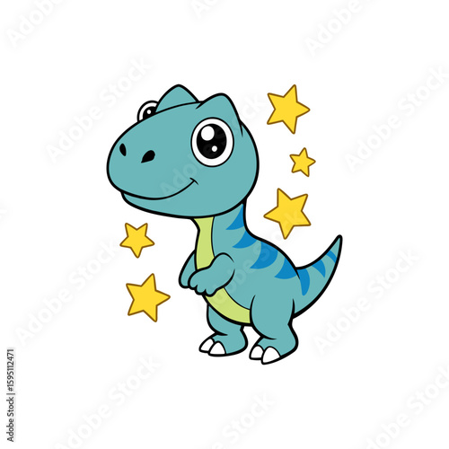 Cute cartoon blue tyrannosaurus rex dinosaur with yellow stars