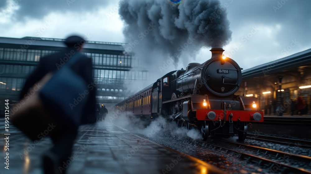 Fototapeta premium Vintage steam train arriving at station on rainy day