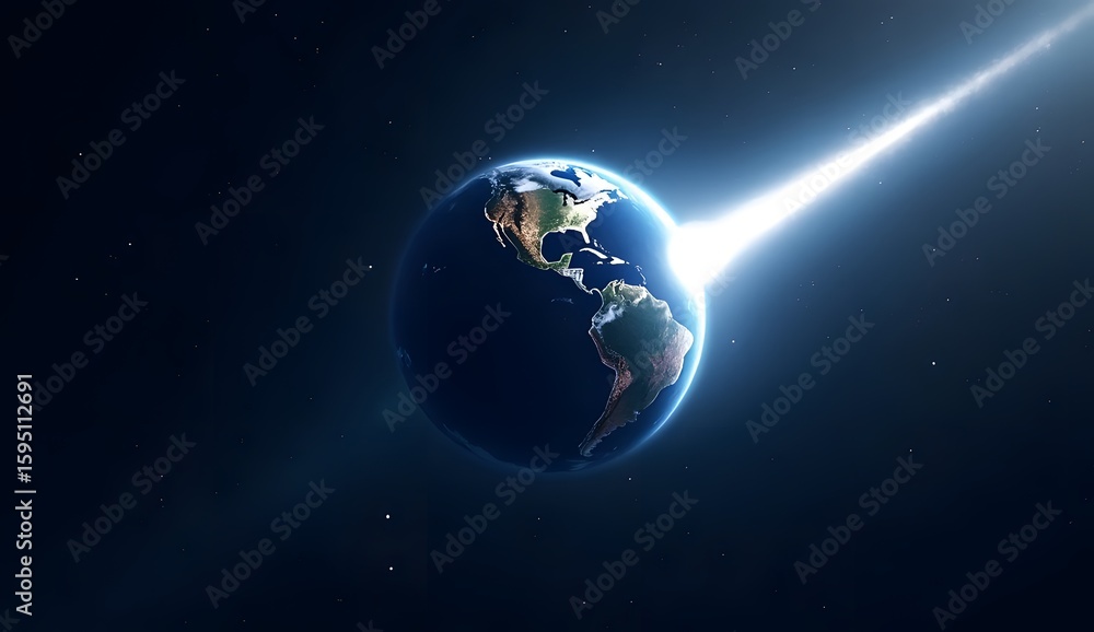 Fototapeta premium Earth Illuminated by a Cosmic Comet in Space