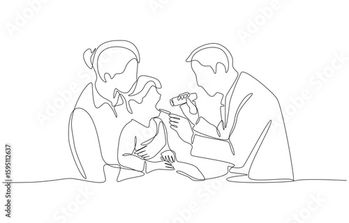 Continuous one line drawing of pediatrician examining little child patient’s throat, pediatric check up with parental support concept, single line art.