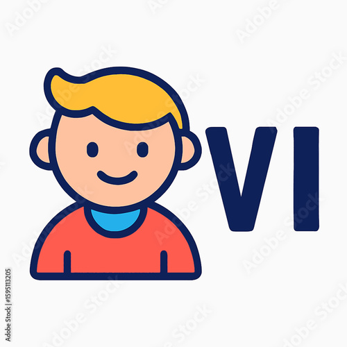 Cartoon boy with blonde hair standing next to Roman numeral six or VI for sixth grade student