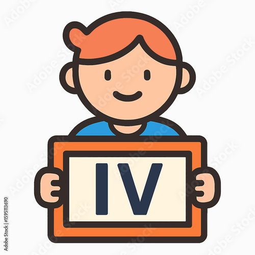 Smiling child holds a sign displaying Roman numeral IV for learning and education