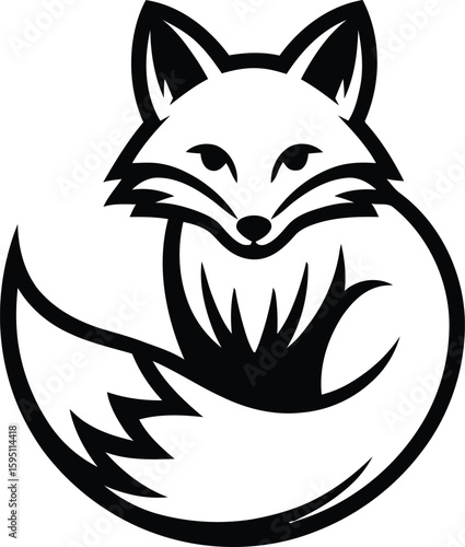 Black and White Fox Silhouette Curled Up with Tail