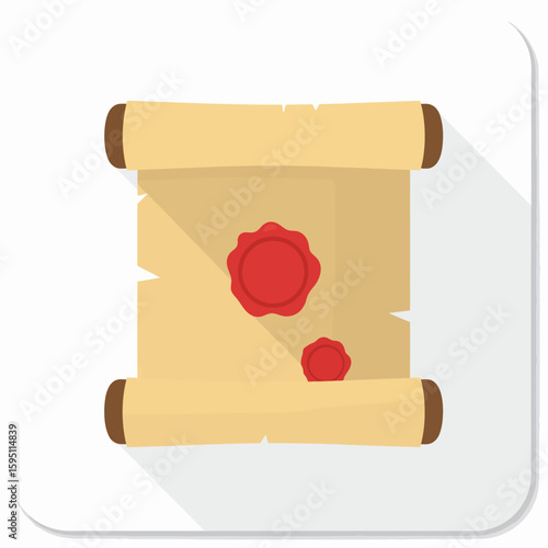 Flat design scroll parchment with wax seal, evoking history and document authenticity