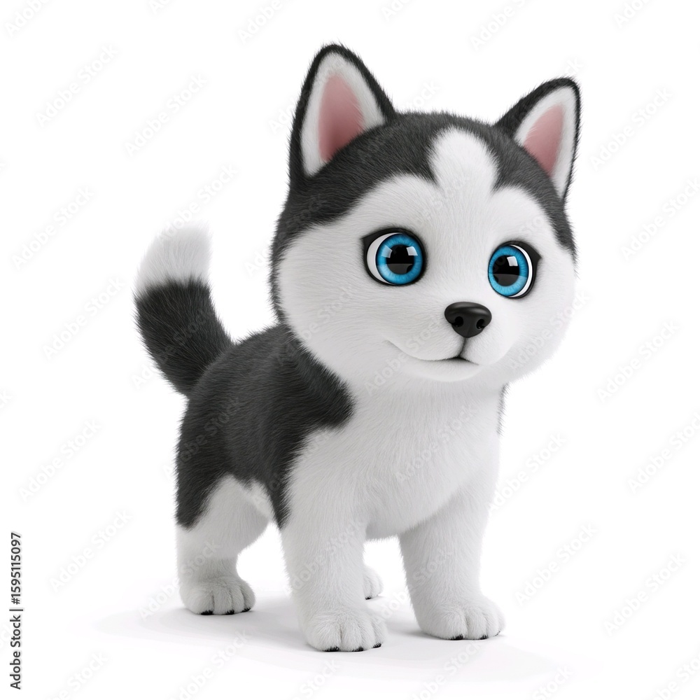 Obraz premium happy cute baby siberian husky cartoon 3D render isolated on white background